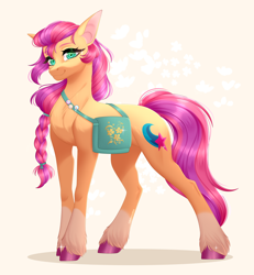 Size: 4032x4368 | Tagged: safe, artist:ohhoneybee, character:sunny starscout, species:earth pony, species:pony, g5, badge, braid, female, looking at you, mare, smiling, solo, sunnybetes, three quarter view, unshorn fetlocks