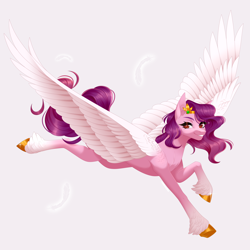 Size: 4758x4758 | Tagged: safe, artist:ohhoneybee, character:pipp petals, species:pegasus, species:pony, g5, abstract background, circlet, feathered fetlocks, looking at you, pipp wings, smiling, solo, spread wings, three quarter view, unshorn fetlocks, wings