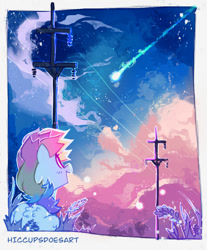 Size: 1024x1239 | Tagged: safe, artist:hiccupsdoesart, character:rainbow dash, species:pegasus, species:pony, g4, electric pole, looking up, power line, profile, shooting star, solo