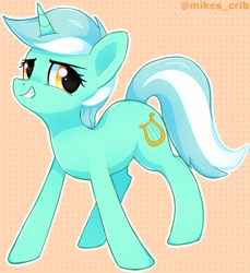 Size: 834x912 | Tagged: safe, artist:mikes_crib, character:lyra heartstrings, species:pony, species:unicorn, g4, dot grid background, grin, looking at you, simple background, smiling, solo