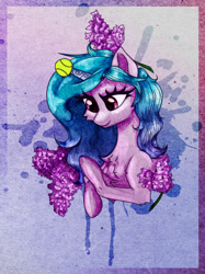 Size: 1280x1707 | Tagged: safe, artist:rainbowmoron, character:izzy moonbow, species:pony, species:unicorn, g5, bust, chest fluff, childproof horn, flower, gradient hair, horn, solo, tennis ball