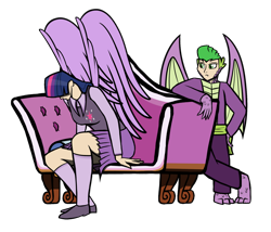 Size: 1280x1094 | Tagged: safe, artist:cyrilderoach, character:spike, character:twilight sparkle, character:twilight sparkle (alicorn), species:alicorn, species:dragon, species:human, g4, couch, duo, humanized, hybrid, simple background, sitting, species swap, transparent background, wings