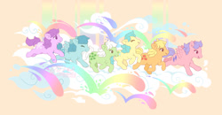 Size: 1300x676 | Tagged: safe, artist:celesse, character:applejack (g1), character:blossom, character:bubbles (g1), character:firefly, character:medley, character:minty (g1), species:earth pony, species:pegasus, species:pony, g1, blossom, chibi, color porn, cute, group, rainbow, running