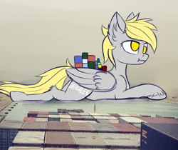 Size: 2909x2439 | Tagged: safe, artist:colourwave, character:derpy hooves, species:pegasus, species:pony, g4, container ship, derpy being derpy, ever given, ever given (container ship), evergreen marine corporation, female, giant pony, i just don't know what went wrong, irl, lying down, macro, mare, parody, photo, ponies in real life, ponified, prone, scrunchy face, ship, species swap, stuck, suez canal