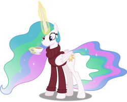 Size: 1280x1029 | Tagged: safe, artist:anime-equestria, character:princess celestia, species:alicorn, species:pony, g4, :3, clothing, cup, cute, cutelestia, digital art, drink, female, food, glowing horn, happy, horn, levitation, magic, mare, simple background, smiling, solo, sweater, tea, teacup, telekinesis, transparent background, vector, wings