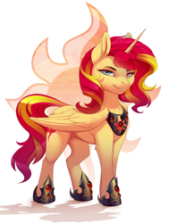 Size: 2000x2642 | Tagged: safe, artist:evehly, character:sunset shimmer, species:alicorn, species:pony, g4, my little pony:equestria girls, alicornified, clothing, commission, cutie mark, cutie mark background, female, hoof shoes, jewelry, mare, necklace, peytral, race swap, regalia, shimmercorn, shoes, simple background, solo, white background
