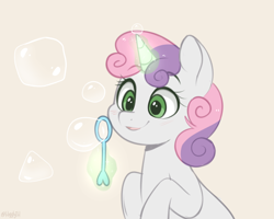 Size: 1050x840 | Tagged: safe, artist:higgly-chan, character:sweetie belle, species:pony, species:unicorn, g4, blowing bubbles, bubble, bust, glowing horn, magic, solo, telekinesis