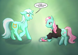 Size: 2912x2059 | Tagged: safe, artist:foxhatart, character:lyra heartstrings, character:minty, character:pinkie pie, species:earth pony, species:pony, species:unicorn, fanfic:background pony, g3, g4, clothing, dig the swell hoodie, duo, female, g3 to g4, generation leap, hoodie, lying down, mare, photo, prone