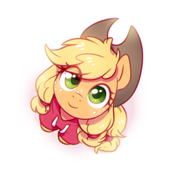 Size: 900x900 | Tagged: safe, artist:jumblehorse, character:applejack, species:earth pony, species:pony, g4, clothing, cowboy hat, cute, female, freckles, hat, hoodie, looking at you, looking up, mare, simple background, sitting, solo, stetson, white background