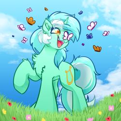 Size: 4000x4000 | Tagged: safe, artist:witchtaunter, character:lyra heartstrings, species:pony, species:unicorn, g4, :3, butterfly, butterfly on nose, chest fluff, colored pupils, commission, cute, dock, ear fluff, eyes on the prize, female, flower, fluffy, grass, happy, insect on nose, leg fluff, lyrabetes, mare, meadow, open mouth, raised hoof, shoulder fluff, sky, smiling, solo