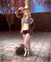 Size: 1800x2160 | Tagged: safe, artist:fluffyrescent, character:derpy hooves, species:human, g4, 3d, adorasexy, baseball cap, blender, blender eevee, bra, breasts, cap, cleavage, clothing, coat, cute, female, hat, humanized, jacket, looking at you, mailbag, render, sexy, shoes, shorts, sneakers, solo, species swap, sports bra, top, tree, underwear