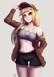 Size: 706x1000 | Tagged: safe, artist:the-park, character:derpy hooves, species:human, g4, adorasexy, armpits, baseball cap, belly button, breasts, busty derpy hooves, cap, cleavage, clothing, cute, female, hat, human coloration, humanized, jacket, long hair, midriff, sexy, shorts, simple background, solo, species swap, tank top, thigh gap