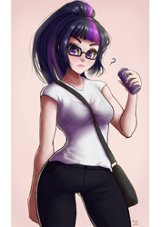 Size: 848x1200 | Tagged: safe, artist:the-park, character:twilight sparkle, character:twilight sparkle (scitwi), species:human, g4, my little pony:equestria girls, bag, bra, can, clothing, fanta, female, glasses, human coloration, humanized, question mark, see-through, simple background, soda can, solo, species swap, standing, sweat, underwear