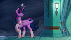 Size: 2500x1406 | Tagged: safe, artist:1jaz, character:twilight sparkle, character:twilight sparkle (alicorn), species:alicorn, species:pony, g4, beautiful, crown, element of magic, empress, ethereal mane, female, filigree, floating, galaxy mane, jewelry, jewelry porn, lantern, mare, night, night sky, raised hoof, regalia, scenery, scenery porn, signature, sky, snow, solo, starry night, starry tail, stars, wing fluff, wings, winter
