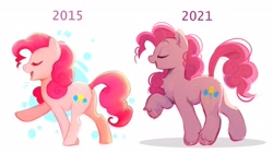 Size: 3427x1935 | Tagged: safe, artist:apieceofsky3, character:pinkie pie, species:earth pony, species:pony, g4, chest fluff, cutie mark, happy, raised hoof, style comparison, unshorn fetlocks