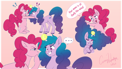 Size: 1024x576 | Tagged: safe, artist:bluefeathercat, character:izzy moonbow, character:pinkie pie, species:earth pony, species:pony, g4, g5, childproof horn, dialogue, diapinkes, female, fluffy mane, generation leap, izzy's tennis ball, izzybetes, mare, pink background, speech bubble, tennis ball, that pony sure does love tennis balls