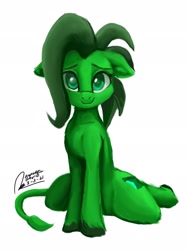 Size: 1536x2048 | Tagged: safe, artist:raphaeldavid, oc, oc:emerald ember, species:earth pony, species:pony, g4, looking at you, signing, simple background, sitting, smiling, solo, spread legs, white background