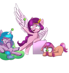 Size: 1920x2020 | Tagged: safe, artist:melanyschaffer, character:izzy moonbow, character:pipp petals, character:sunny starscout, species:earth pony, species:pegasus, species:pony, species:unicorn, g5, beanbag chair, blank flank, childproof horn, gradient hair, izzy's tennis ball, pipp wings, silly pony, simple background, spread wings, tennis ball, that pony sure does love tennis balls, transparent background, wings