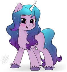 Size: 750x801 | Tagged: safe, artist:orcinus_brony, character:izzy moonbow, species:pony, species:unicorn, g5, blank flank, blushing, gradient hair, solo, unshorn fetlocks