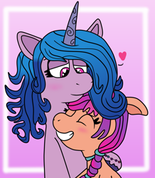 Size: 6000x6896 | Tagged: safe, artist:jadethepegasus, character:izzy moonbow, character:sunny starscout, species:earth pony, species:pony, species:unicorn, ship:starbow, g5, bracelet, braid, bust, heart, horn pattern, hug, shipping, unshorn fetlocks
