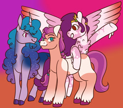 Size: 1280x1126 | Tagged: safe, artist:eonionic, character:izzy moonbow, character:pipp petals, character:sunny starscout, species:earth pony, species:pegasus, species:pony, species:unicorn, g5, chest fluff, circlet, coat markings, gradient hair, pipp wings, socks (coat marking), unshorn fetlocks