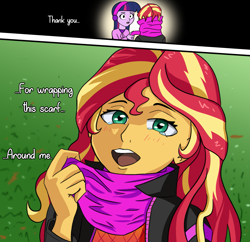 Size: 2059x1989 | Tagged: safe, artist:artiks, character:sunset shimmer, character:twilight sparkle, species:eqg human, ship:sunsetsparkle, g4, my little pony:equestria girls, attack on titan, clothing, female, lesbian, scarf, shipping