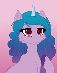 Size: 2364x3008 | Tagged: safe, artist:l-starshade, character:izzy moonbow, species:pony, species:unicorn, g5, bust, cheek fluff, gradient hair, izzybetes, owo, raised hoof, smug, solo, unshorn fetlocks
