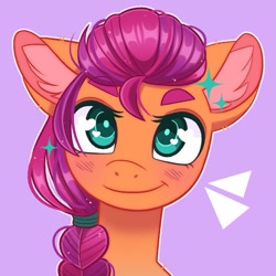 Size: 775x775 | Tagged: safe, artist:duskinova, character:sunny starscout, species:earth pony, species:pony, g5, blushing, braid, bust, ear fluff, smiling, solo, sparkles, sunnybetes