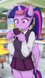 Size: 602x1024 | Tagged: safe, artist:maren, character:twilight sparkle, character:twilight sparkle (alicorn), species:alicorn, species:anthro, species:pony, g4, alternate hairstyle, clothing, female, horn, mare, phone, ponytail, school, school uniform, solo, uniform, wings