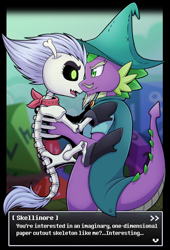 Size: 1016x1491 | Tagged: safe, artist:vavacung, character:skellinore, character:spike, species:dragon, species:pony, g4, clothing, female, holding, male, shipping, skeleton, skeleton pony, straight