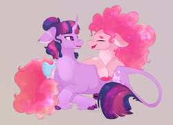 Size: 1920x1392 | Tagged: safe, artist:nyota71, character:pinkie pie, character:twilight sparkle, character:twilight sparkle (unicorn), species:earth pony, species:pony, species:unicorn, ship:twinkie, g4, cute, diapinkes, female, gray background, lesbian, shipping, simple background, twiabetes
