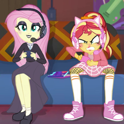 Size: 789x789 | Tagged: safe, artist:sunshmallow, character:fluttershy, character:sunset shimmer, species:eqg human, episode:fake it 'til you make it, g4, my little pony: friendship is magic, my little pony:equestria girls, duo, female, fluttergoth, gamer sunset, gamershy, goth, headphones, headset, microphone