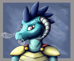 Size: 1280x1072 | Tagged: safe, artist:bomzzzik, character:princess ember, species:dragon, g4, armor, female, smoke, solo