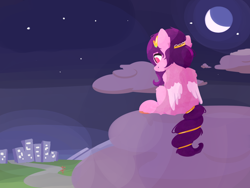 Size: 2000x1500 | Tagged: safe, artist:rhythmpixel, character:pipp petals, species:pegasus, species:pony, g5, circlet, city, cloud, crescent moon, female, mare, moon, night, pipp wings, red eyes, red-eyed pipp, sitting, solo, waxing moon