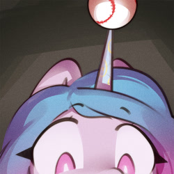 Size: 960x960 | Tagged: safe, artist:mirroredsea, character:izzy moonbow, species:pony, species:unicorn, g5, baseball, bust, childproof horn, extreme close up, gradient hair, izzybetes, looking down, solo, webcam