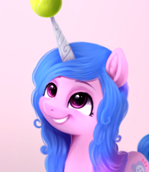 Size: 694x801 | Tagged: safe, artist:darksly, character:izzy moonbow, species:pony, species:unicorn, g5, bust, childproof horn, ear fluff, gradient hair, izzy's tennis ball, looking up, portrait, solo, tennis ball, that pony sure does love tennis balls