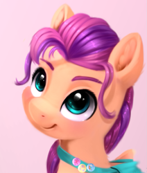Size: 703x830 | Tagged: safe, artist:darksly, character:sunny starscout, species:earth pony, species:pony, g5, bag, braid, bust, ear fluff, looking up, portrait, solo