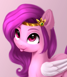 Size: 709x813 | Tagged: safe, artist:darksly, character:pipp petals, species:pegasus, species:pony, g5, adorapipp, alternate eye color, blep, bust, circlet, cute, ear fluff, female, looking up, mare, pink background, pipp wings, portrait, red eyes, simple background, solo, tongue out, wrong eye color