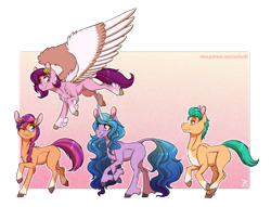 Size: 2096x1600 | Tagged: safe, artist:inuhoshi-to-darkpen, character:hitch trailblazer, character:izzy moonbow, character:pipp petals, character:sunny starscout, species:earth pony, species:pegasus, species:pony, species:unicorn, g5, belly fluff, blank flank, blaze (coat marking), blep, braid, chest fluff, circlet, coat markings, cute, ear fluff, flying, gradient hair, pipp wings, socks (coat marking), spread wings, sunnybetes, tongue out, unshorn fetlocks, wing fluff, wings