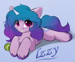 Size: 957x793 | Tagged: safe, artist:d.w.h.cn, character:izzy moonbow, species:pony, species:unicorn, g5, chest fluff, cutie mark, izzybetes, lying down, smiling, solo, tennis ball, unshorn fetlocks