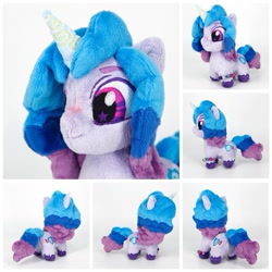 Size: 1079x1079 | Tagged: safe, artist:gingeraleplush, character:izzy moonbow, species:pony, species:unicorn, g5, collage, cutie mark, gradient hair, photo, plushie, solo, unshorn fetlocks