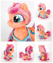 Size: 900x1079 | Tagged: safe, artist:gingeraleplush, character:sunny starscout, species:earth pony, species:pony, g5, bag, braid, collage, cutie mark, photo, plushie, solo, unshorn fetlocks