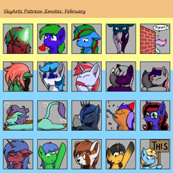 Size: 1500x1500 | Tagged: safe, artist:skydreams, patreon reward, oc, oc:ambrosia firehoof, oc:aqua grass, oc:blissy, oc:cade quantum, oc:cinnamon lightning, oc:dioxin, oc:galaxy rose, oc:lady foxtrot, oc:mint chaser, oc:queen lahmia, oc:scaramouche, oc:searing cold, oc:skitzy, oc:skydreams, oc:sparky showers, oc:staticspark, oc:tail winds, oc:undine, oc:wander bliss, species:alicorn, species:bat pony, species:changeling, species:earth pony, species:kirin, species:pegasus, species:plane pony, species:pony, species:unicorn, g4, bat pony alicorn, bat wings, blue screen of death, blushing, brick wall, changeling queen, clothing, collar, confetti, disguise, disguised changeling, ear piercing, emoji, emotes, excited, female, fire, flump, giggling, glasses, green fire, hanging, hanging upside down, hat, heart, hiding, hiding behind mane, horn, horn piercing, hug, looking up, male, mare, original species, owo, party hat, patreon, piercing, plane, pointing, red panda, sad, sign, stallion, starry eyes, submissive, tired, tongue out, upside down, wingding eyes, wings, x eyes