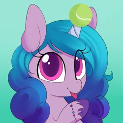 Size: 2000x2000 | Tagged: safe, artist:illusion_dx, artist:illusiondx, character:izzy moonbow, species:pony, species:unicorn, g5, blep, bracelet, bust, childproof horn, cute, gradient hair, horn, izzybetes, jewelry, solo, tennis ball, tongue out, unshorn fetlocks