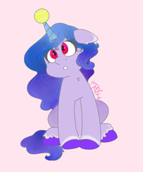 Size: 600x720 | Tagged: safe, artist:mrex123, character:izzy moonbow, species:pony, species:unicorn, g5, childproof horn, gradient hair, sitting, solo, tennis ball, unshorn fetlocks