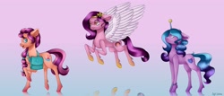 Size: 4096x1755 | Tagged: safe, artist:brilliant-luna, character:izzy moonbow, character:pipp petals, character:sunny starscout, species:earth pony, species:pegasus, species:pony, species:unicorn, g5, bag, bracelet, braid, circlet, cutie mark, flying, gradient hair, pipp wings, spread wings, unshorn fetlocks, wings