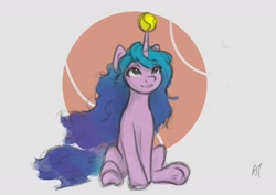 Size: 1984x1403 | Tagged: safe, artist:appletree_at, character:izzy moonbow, species:pony, species:unicorn, g5, childproof horn, gradient hair, sitting, solo, tennis match