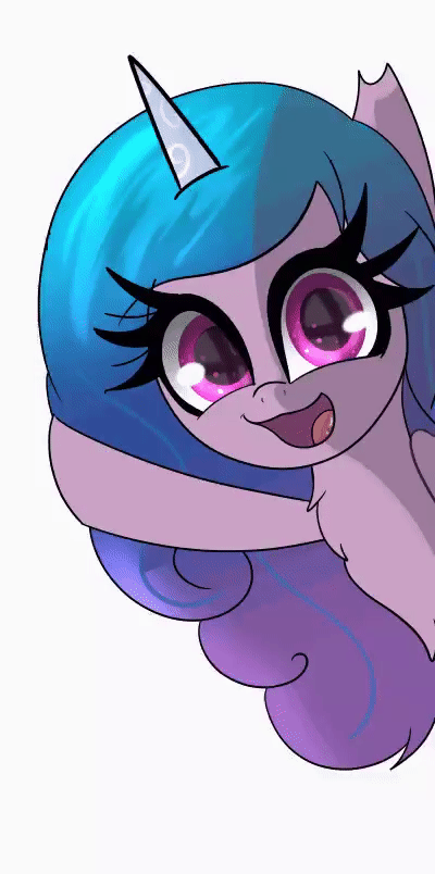 Size: 400x804 | Tagged: safe, artist:windykirin, character:izzy moonbow, species:pony, species:unicorn, g5, animated, bust, chest fluff, cute, eyelashes, female, gif, gradient hair, happy, izzybetes, long eyelashes, looking at you, mare, open mouth, scene interpretation, simple background, solo, wave, waving, white background