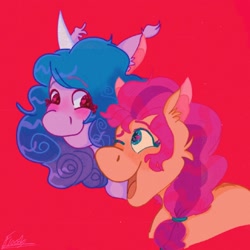 Size: 1024x1024 | Tagged: safe, artist:certifiedclown4, character:izzy moonbow, character:sunny starscout, species:earth pony, species:pony, species:unicorn, ship:starbow, g5, braid, bust, ear fluff, gradient hair, shipping
