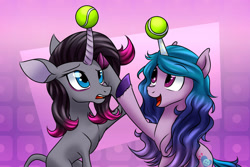 Size: 1280x854 | Tagged: safe, artist:redahfuhrerking, character:izzy moonbow, character:oleander, species:pony, species:unicorn, them's fightin' herds, g5, bust, childproof horn, gradient hair, izzy's tennis ball, raised hoof, tennis ball, that pony sure does love tennis balls, unshorn fetlocks
